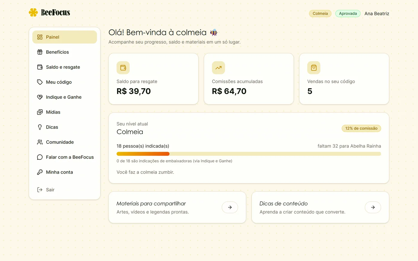 Hive novo — painel da embaixadora (área logada)